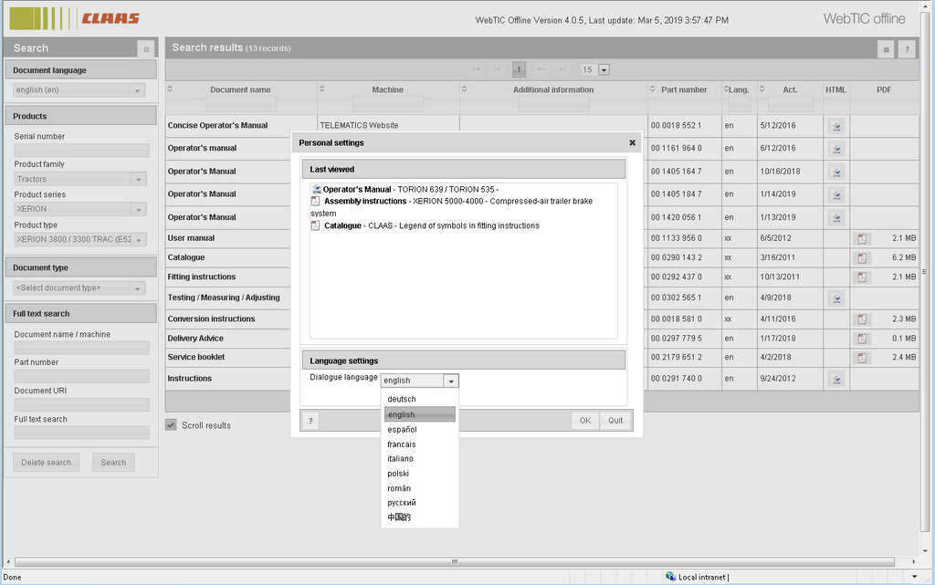 CLAAS Diagnostic Interface ›› WebTIC Offline Service Information ...